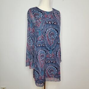 Highline Collective Paidley Navy Long Bell Sleeve Boho Mini Dress Size 8